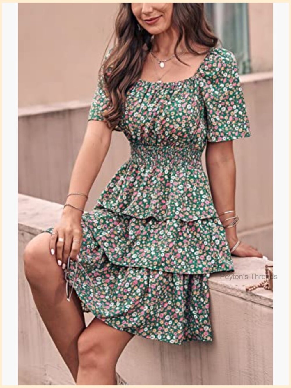 Boho Floral Tiered Ruffle Mini Dress Square Neck Short Sleeve Summer - Picture 2 of 7